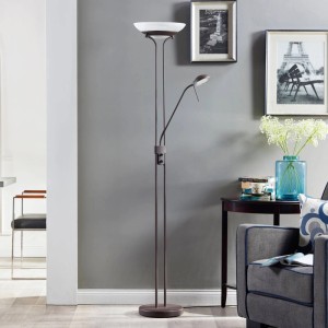 Lindby LED Stehlampe Yveta 9620912 Dimmbar Landhaus Vintage Rustikal in Braun aus Metall 2-flammig Wohnzimmerleuchte