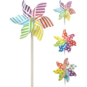 Windmühle, 47 cm, 3-fach sortiert: Gartendeko mit bunten Designs (Streifen, Punkte, Blumen).