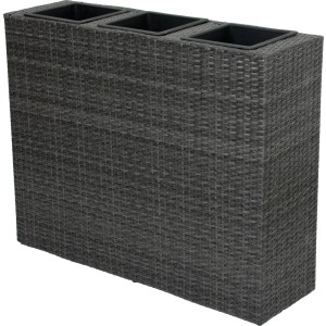 Grauer Raumtrenner mit 3 Pflanztöpfen aus Kunststoffgeflecht für den Innen- und Außenbereich.