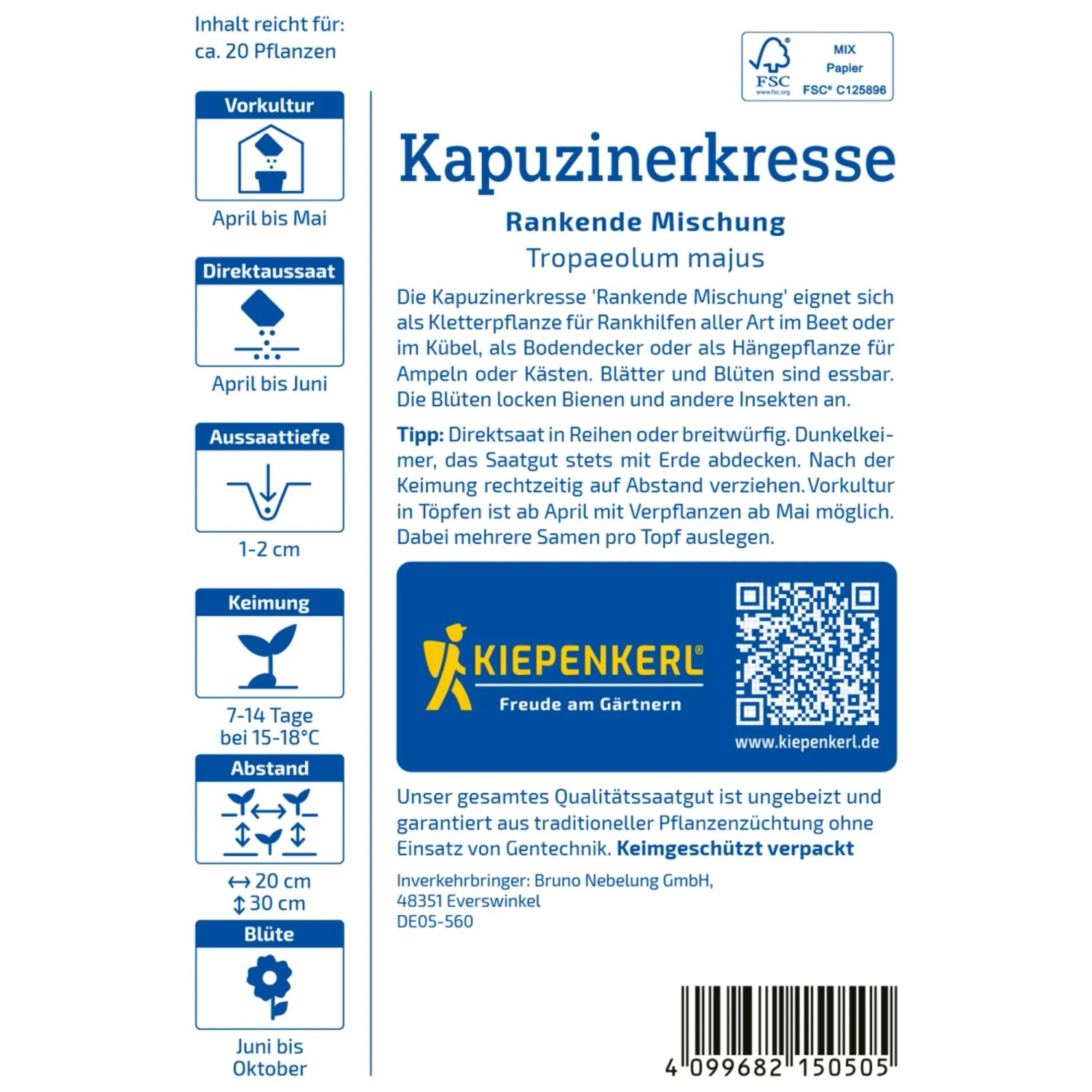 Kiepenkerl Kapuzinerkresse Rankende Mischung, mehrfarbig. Blumensamen für farbenfrohe Blumenkästen.