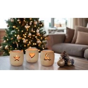 Erst-Holz Zirben Teelichthalter mit Glas und Ausschnitt Stern 3er Set