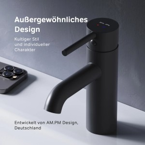 AM.PM Spike Waschtischarmatur, schwarzer Einhebelmischer mit Ablaufgarnitur für das moderne Bad.