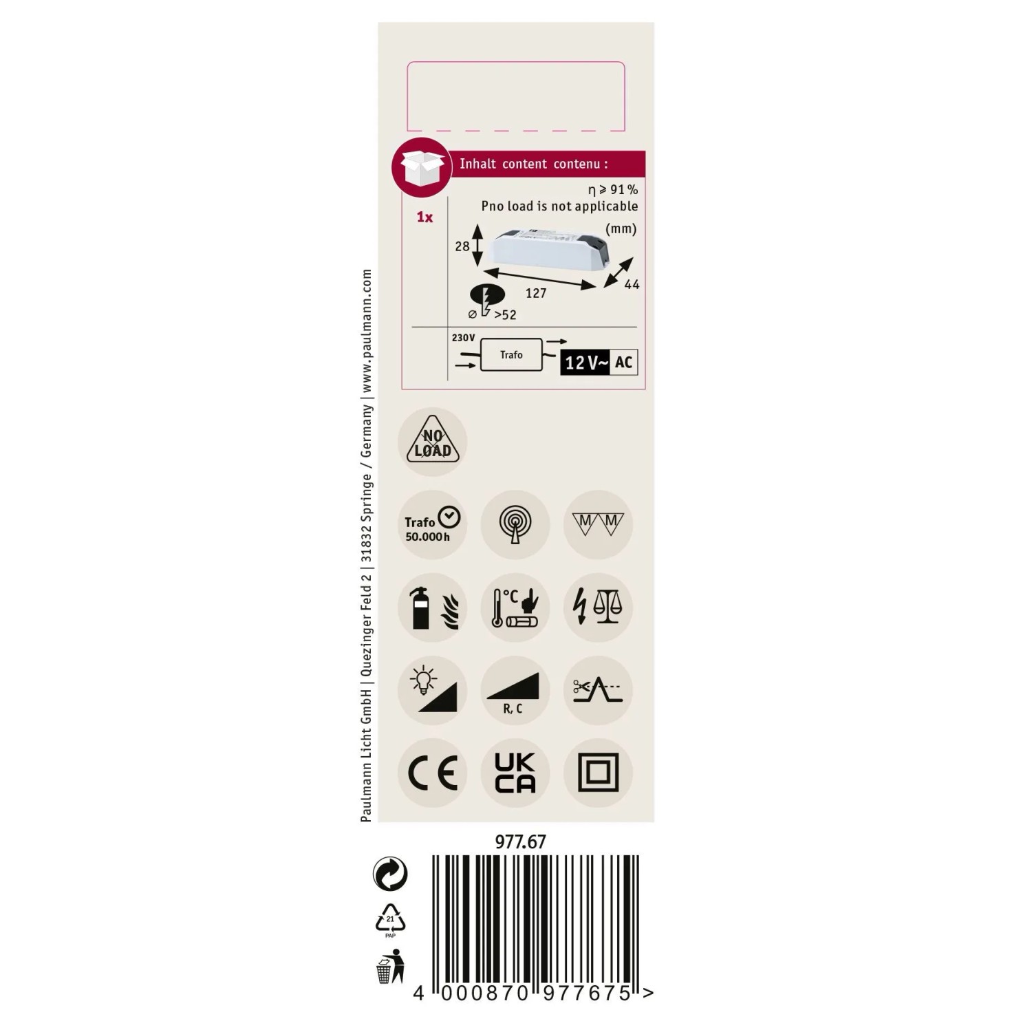 Verpackung des Paulmann Transformators für Einbaustrahler, mit technischen Details und Piktogrammen.