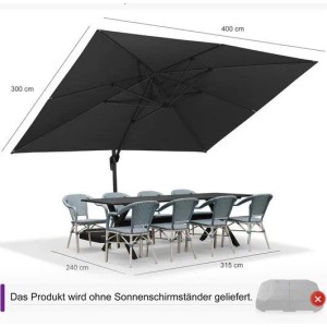 PURPLE LEAF Sonnenschirm Rechteckiger 300 X 400 cm Alu Balkonschirm Groß Ampelschirm Grau