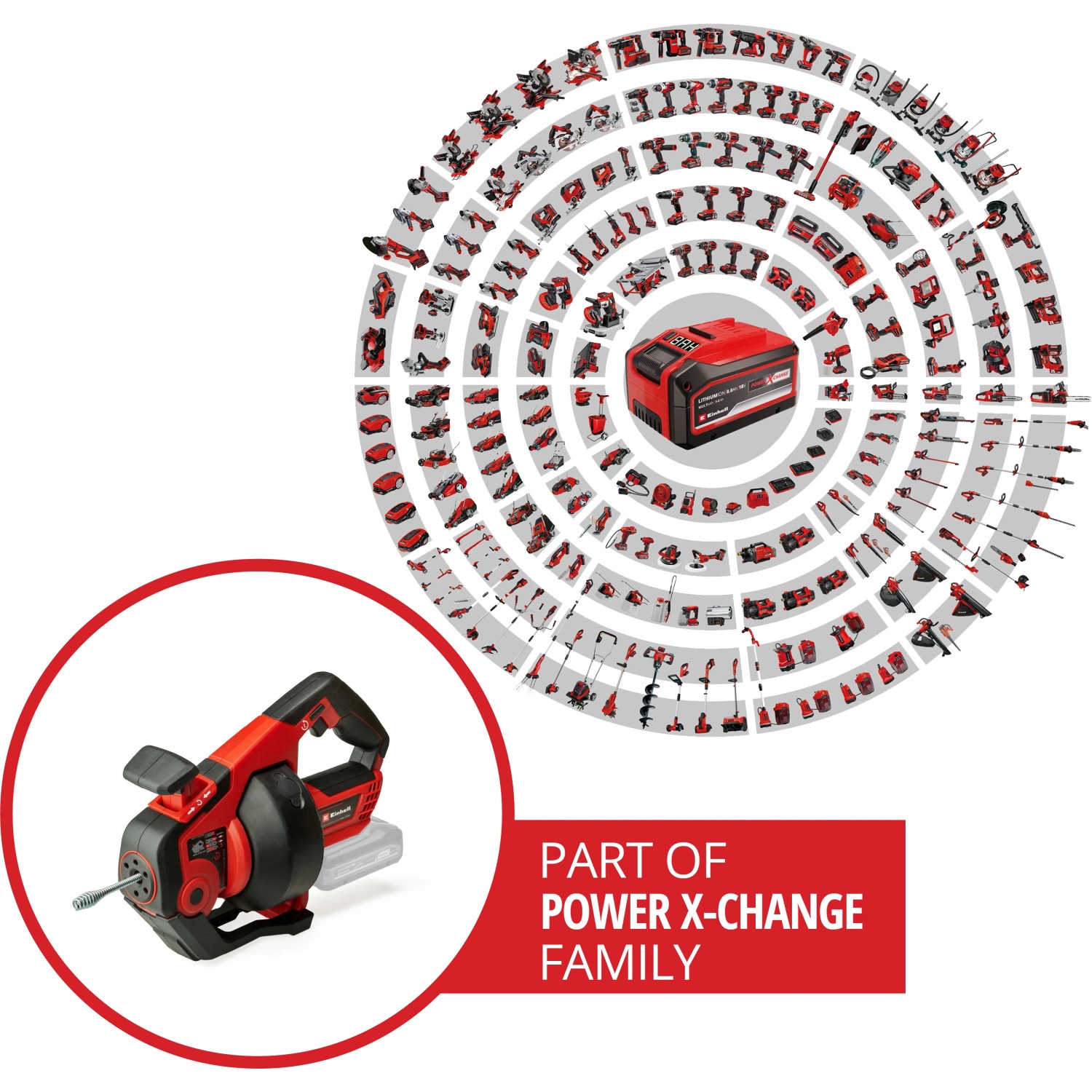Einhell Akku-Rohrreiniger TE-DA 18/760 Li Solo, Teil der Power X-Change Familie.