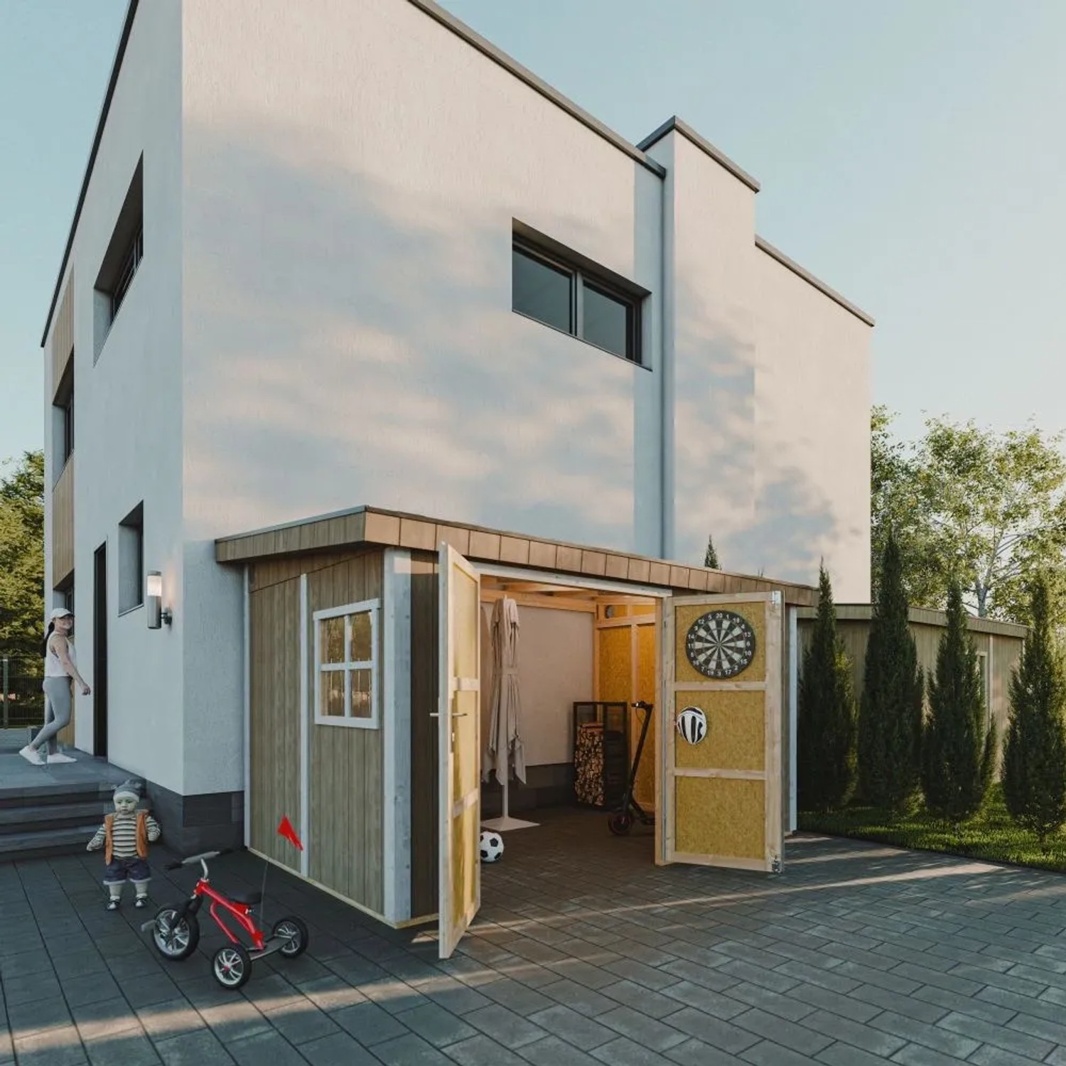Timbela Premium Gartenschuppen M939B, beige-braun, mit geöffneten Doppeltüren und Fenster.