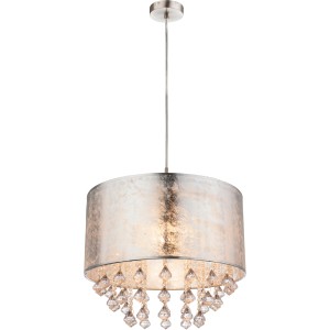 Pendelleuchte AMY, Nickel matt, Ø 40 cm, silberner Textilschirm mit klaren Acrylkristallen.