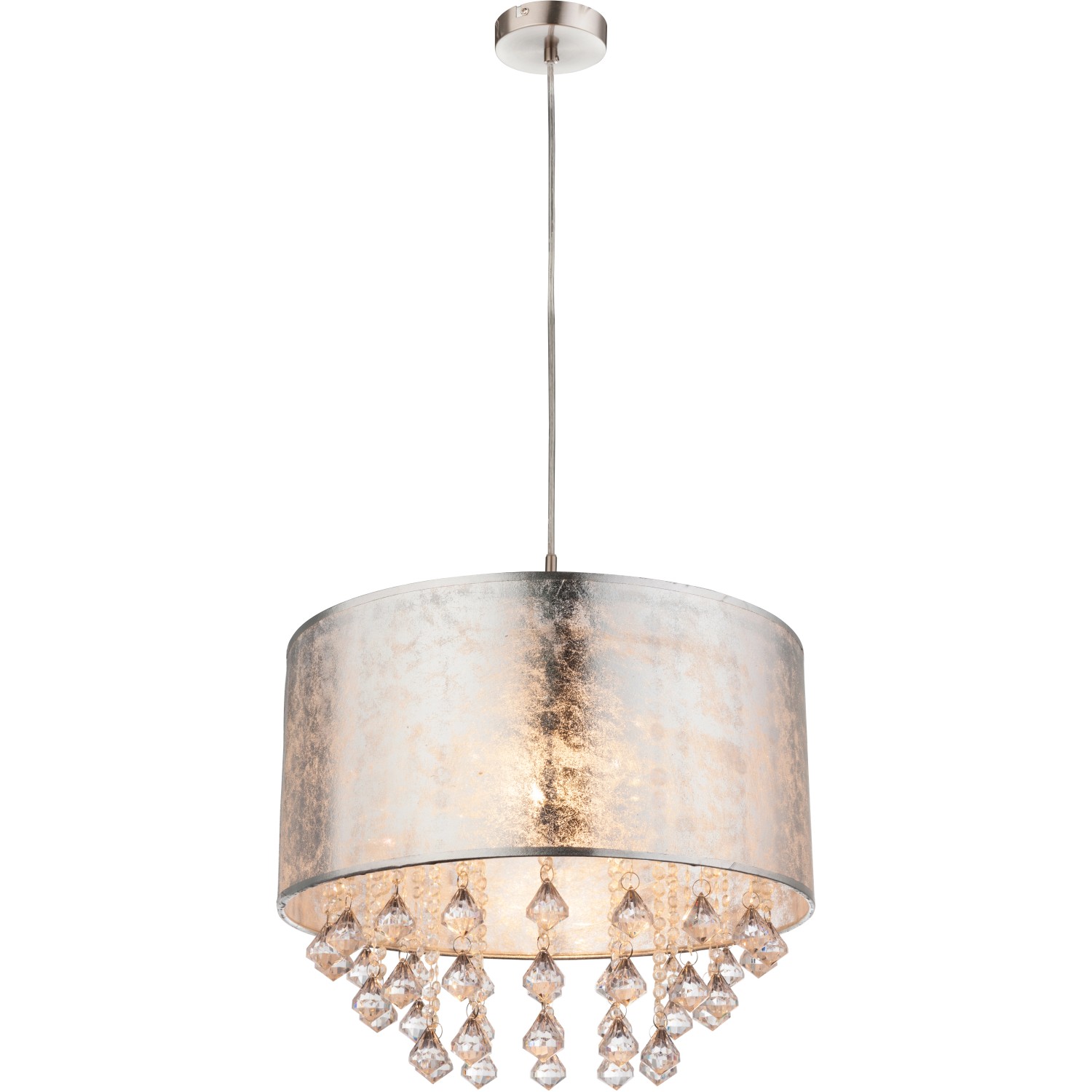 Pendelleuchte AMY, Nickel matt, Ø 40 cm, silberner Textilschirm mit klaren Acrylkristallen.