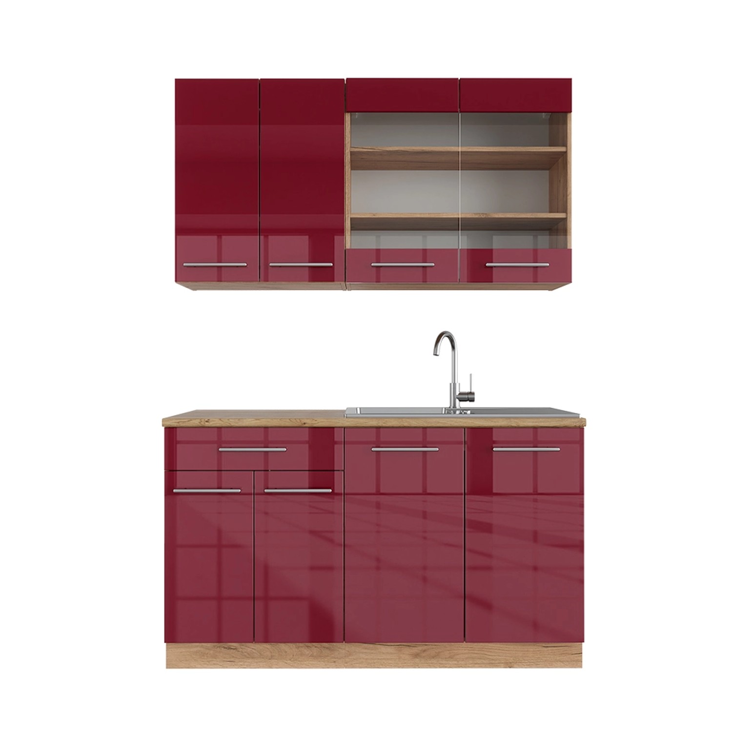 Vicco Fame-Line Singleküche Bordeaux Hochglanz/Goldkraft Eiche 140 cm ohne günstig online kaufen