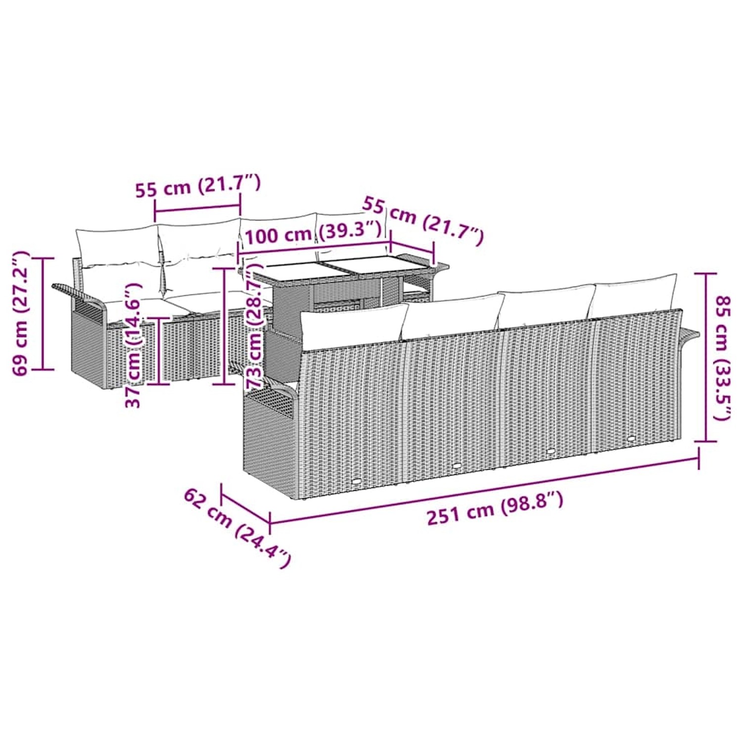 vidaXL Gartenmöbel-Set, 9-teilig, beige Poly Rattan mit Maßen.