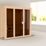Karibu Sauna Vaira 2 mit Ganzglasfront, naturbelassen. Massivholzsauna mit Glastür und Bänken.