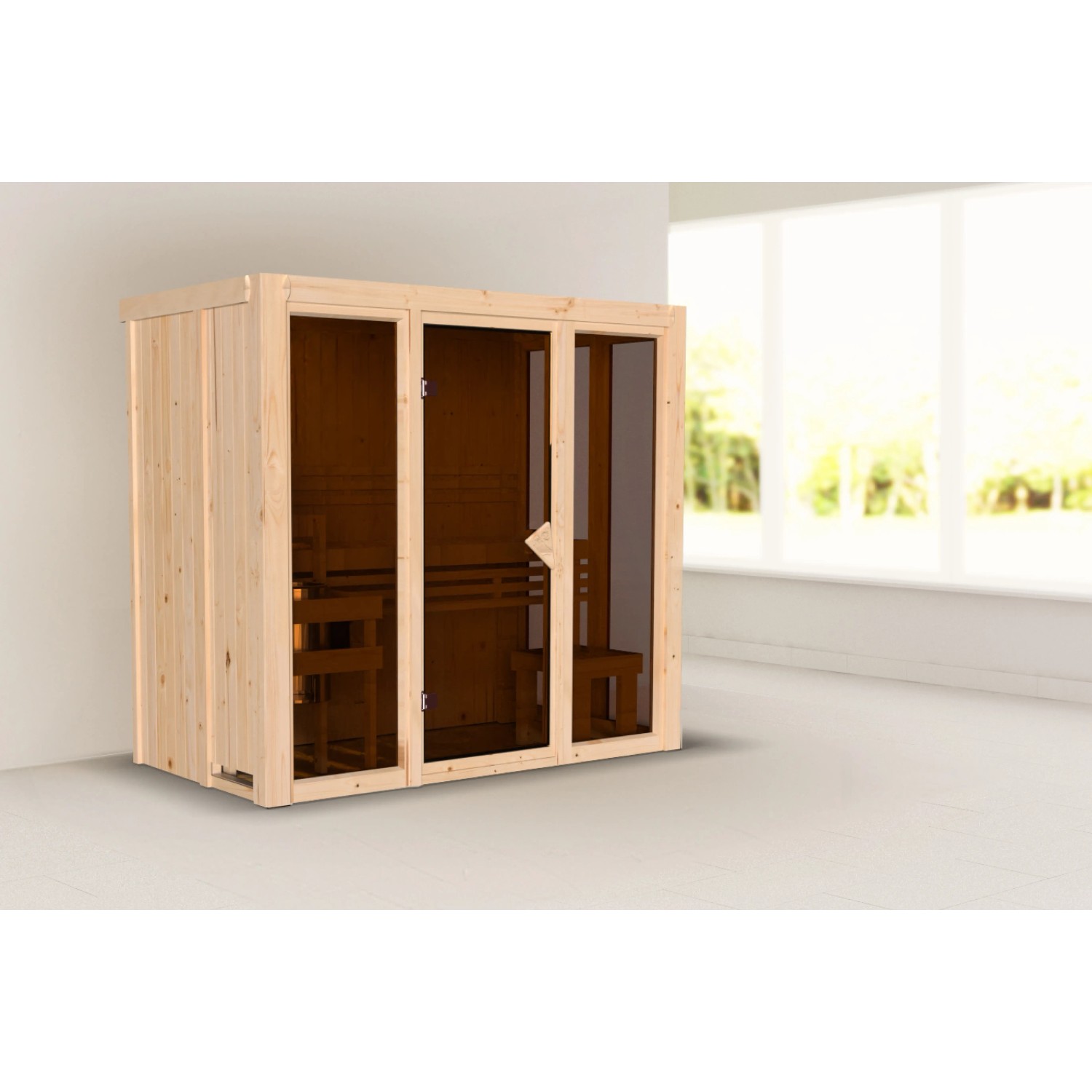 Karibu Sauna Vaira 2 mit Ganzglasfront, naturbelassen. Massivholzsauna mit Glastür und Bänken.