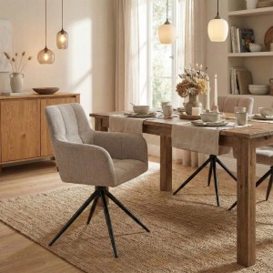 CLP 2er Set Esszimmerstuhl Jonah Stoff Taupe, drehbar, mit Armlehnen und schwarzem Metallgestell im Esszimmer.
