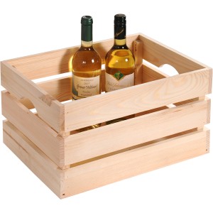Kesper Holzkiste Kiefer, 27 l, mit zwei Weinflaschen als Beispiel für die Nutzung.