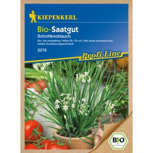 Kiepenkerl Profi-Line Bio Schnittknoblauch Samenpackung mit blühendem Schnittknoblauch.