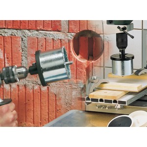 LUX Aufnahmeteller mit HM-Bohrkrone im Einsatz an einer Bohrmaschine.