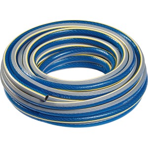 Aufgerollter LUX Gartenschlauch Comfort, 50 m, blau-grau mit gelben Akzenten.