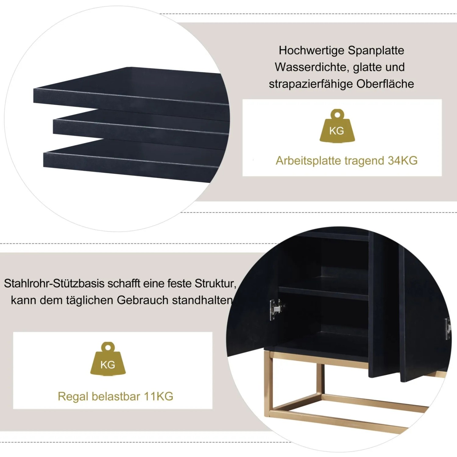 Detailansicht: Schwarzer Buffetschrank mit Regalböden, Stahlrohrgestell und Belastbarkeit.