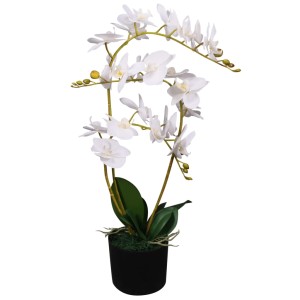 Künstliche, weiße Orchidee (65 cm) im schwarzen Topf. Dekorative Kunstpflanze für Innenräume.