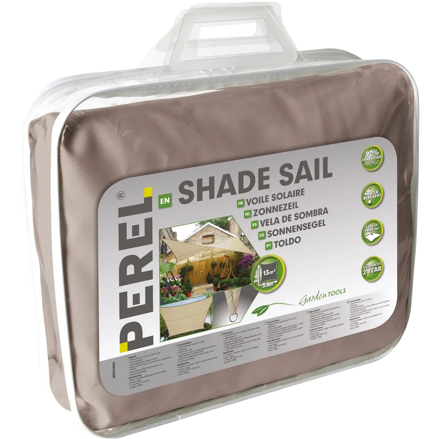 Verpacktes Perel Viereck-Sonnensegel, 500x500 cm, braun-grau, UV-Schutz, wasserabweisend.