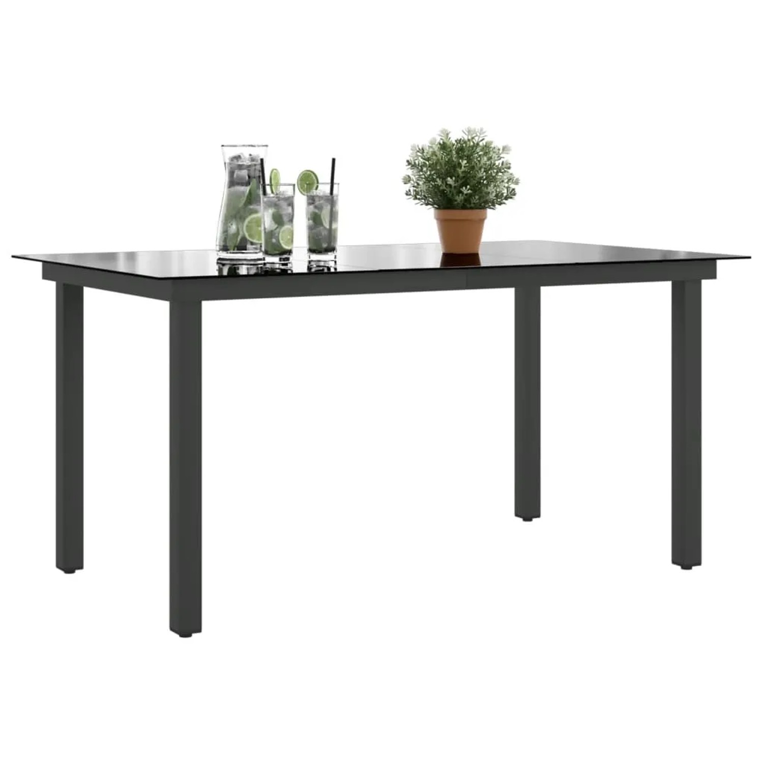 Schwarzer vidaXL Gartentisch (150x90x74 cm) mit Glasplatte und Aluminiumgestell.