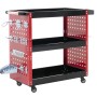 Roter PROREGAL Werkstattwagen aus Stahl mit 3 schwarzen Ladeflächen, Lochraster, Handgriff und Rollen.