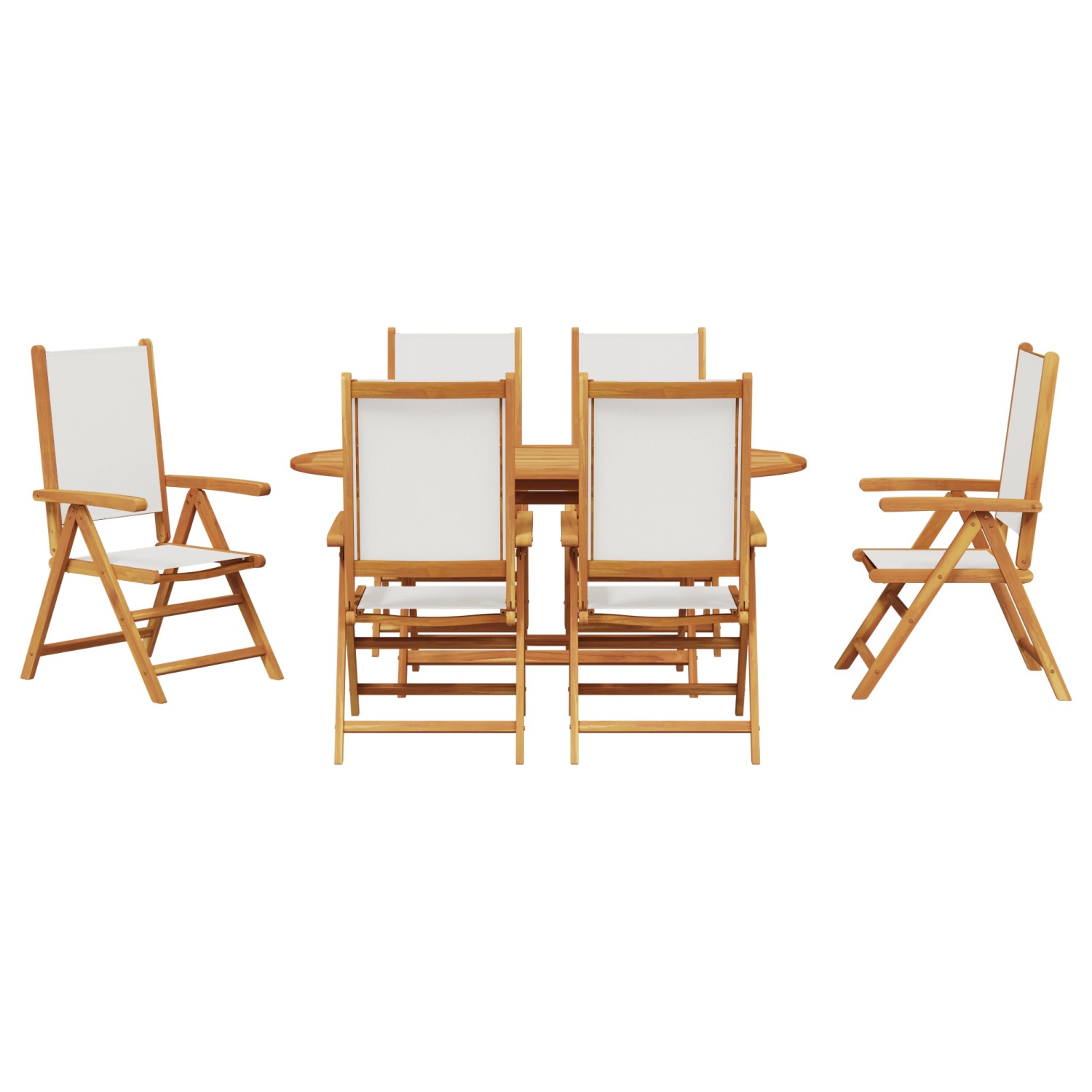 7-teiliges Gartentischset aus Akazienholz, creme-weiß, mit rechteckigem Tisch und 6 Stühlen.