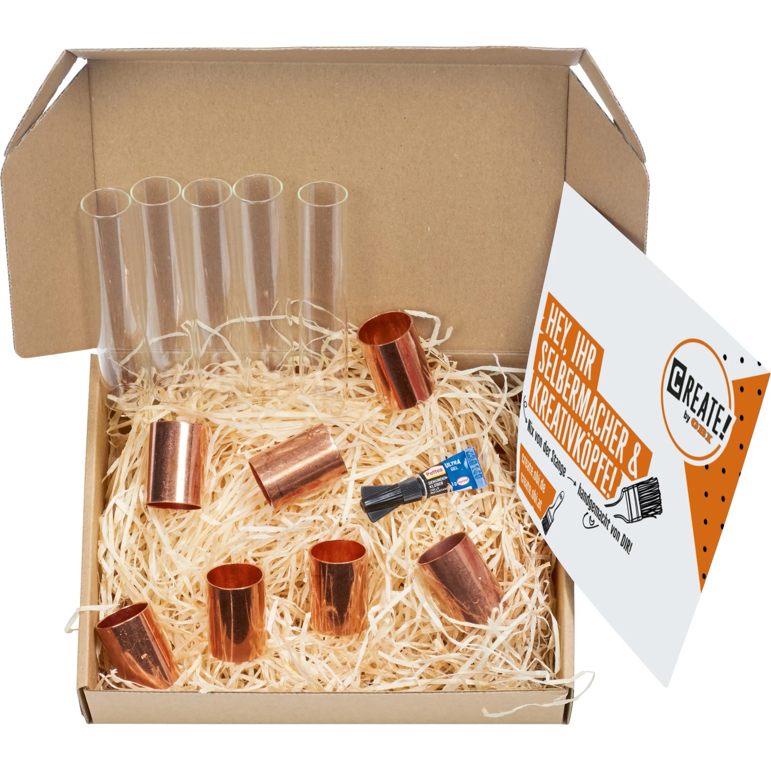 CREATE! by OBI DIY Kupfervase: Set mit Kupferrohren, Reagenzgläsern, Kleber und Anleitung in einer Box.