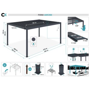 Graue Cazeboo Piana Bioklimatische Pergola 4x3m mit Maßen und Details.