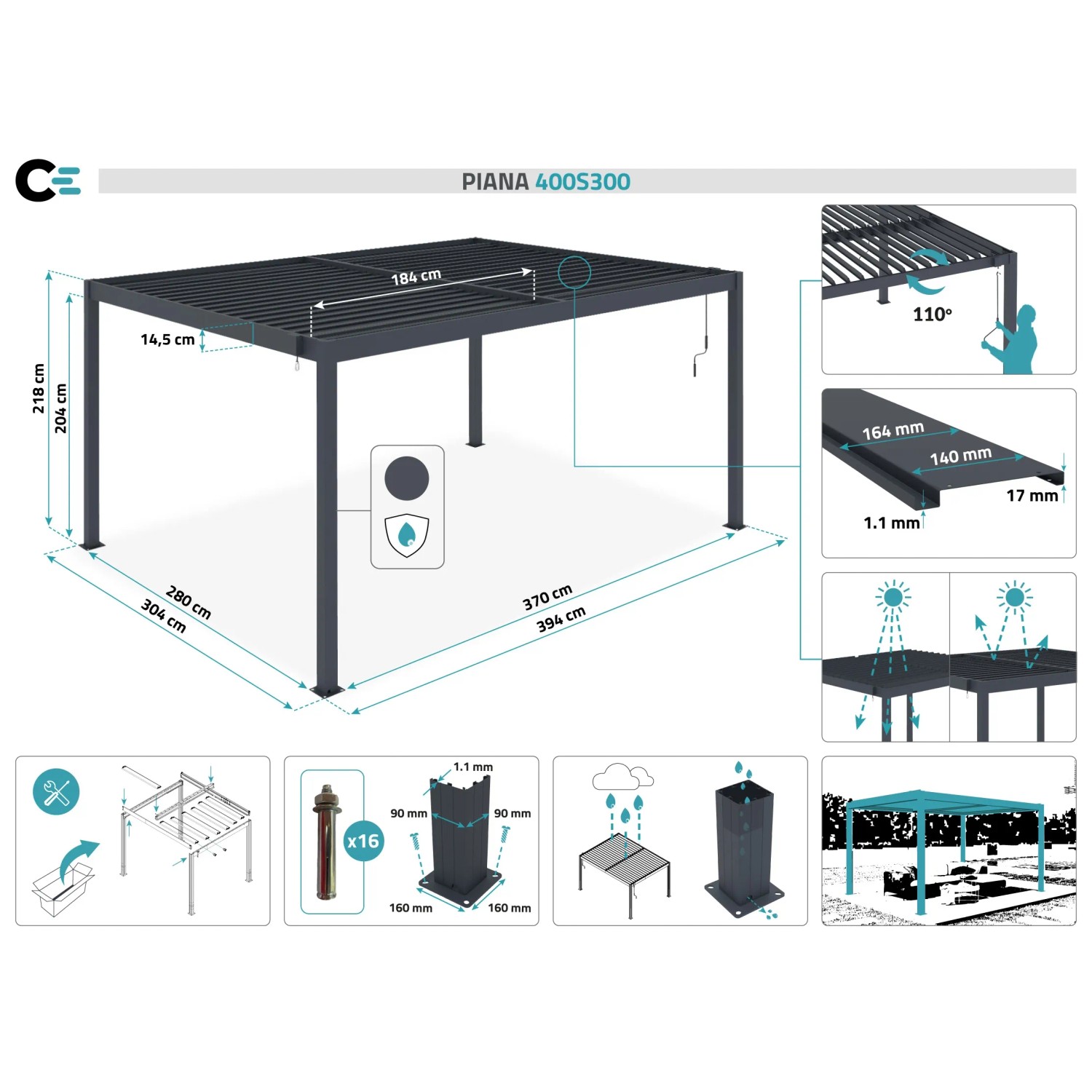 Graue Cazeboo Piana Bioklimatische Pergola 4x3m mit Maßen und Details.