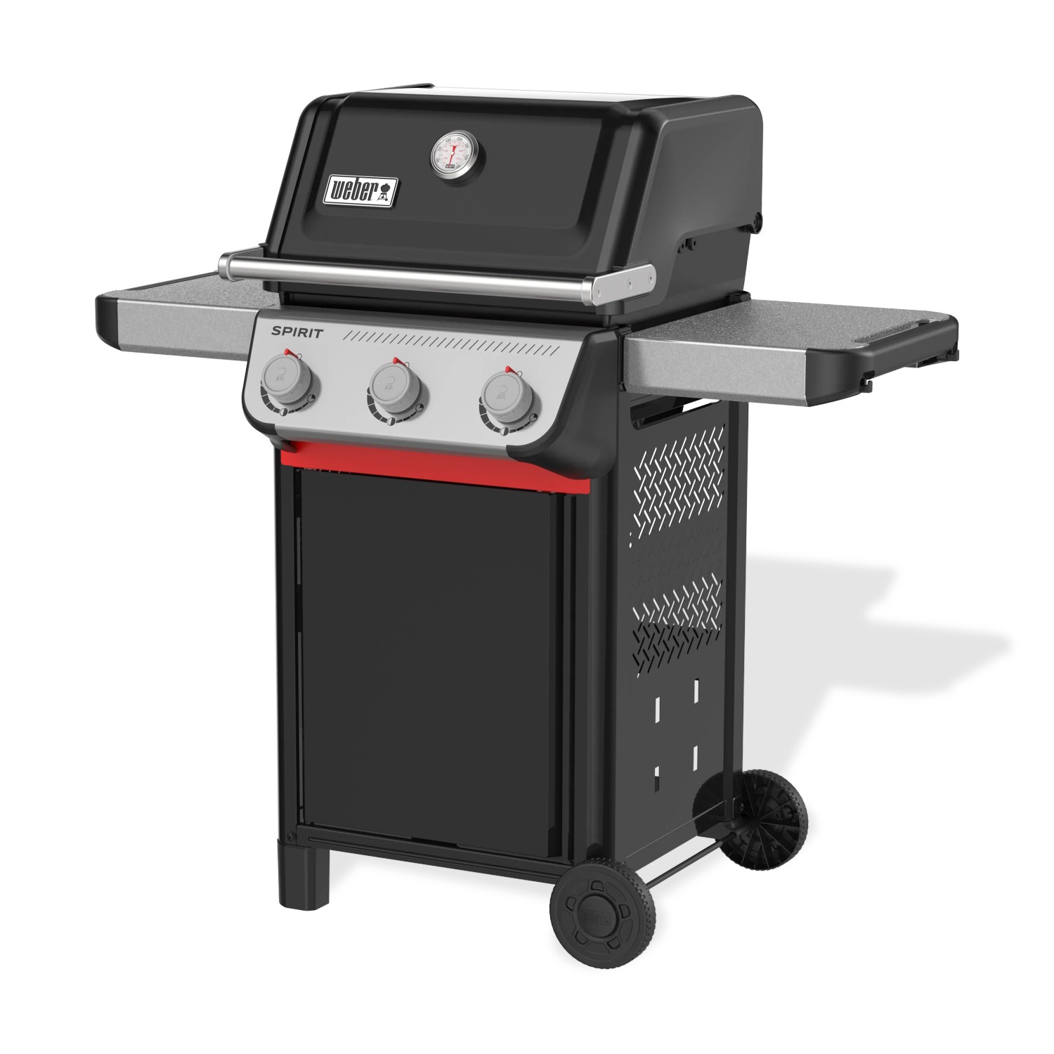 Weber Gasgrill E-310 Spirit 2025, Schwarz, mit 3 Brennern und Seitenablagen.