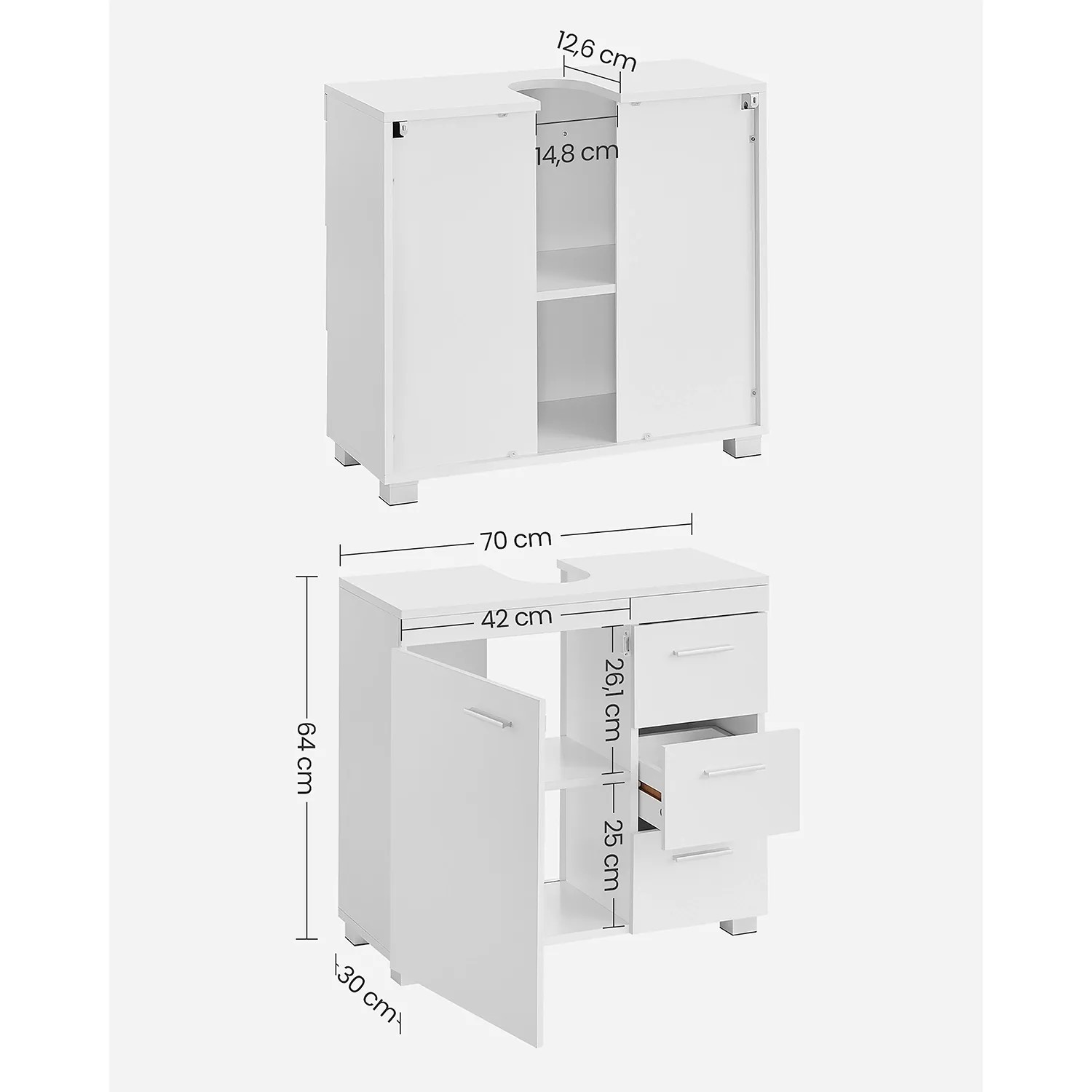 Weißer Vasagle Waschbeckenunterschrank (30x70x64 cm) mit Schubladen und Fächern, Maße dargestellt.