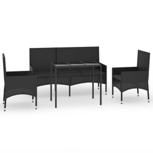 Schwarzes 4-tlg. Garten Lounge Set aus Poly Rattan mit Tisch, Bank und zwei Stühlen mit Kissen.