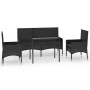 Schwarzes 4-tlg. Garten Lounge Set aus Poly Rattan mit Tisch, Bank und zwei Stühlen mit Kissen.