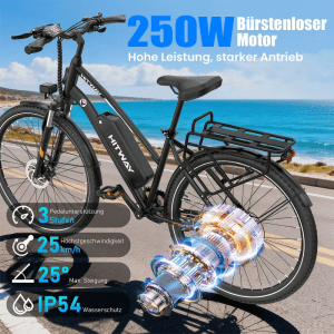 Schwarzes HITWAY E-Bike 28 Zoll mit 250W Motor, Akku, Gepäckträger und Federgabel. Ideal für Stadtfahrten und Touren.