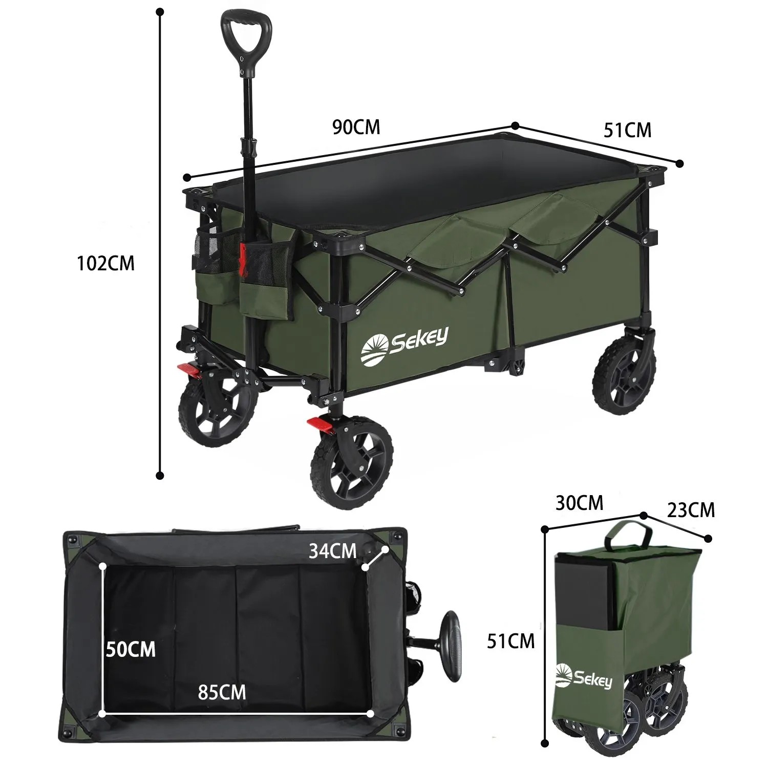 Sekey Bollerwagen, faltbar, olivgrün, 150L. Handwagen für Camping & Freizeit mit verstellbarem Griff.
