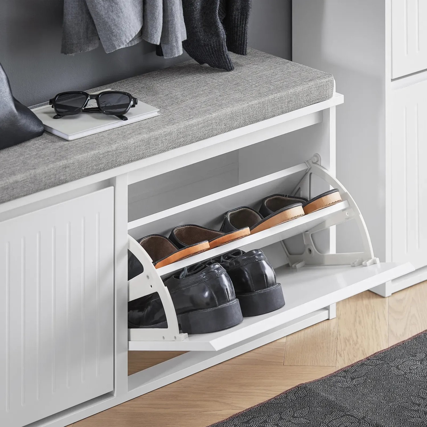 SoBuy Schuhbank Schmal mit 2 Klappen Garderobenbank mit Sitzkissen FSR98-XL-W_8