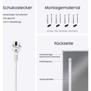 Details der Könighaus Infrarotheizung M-Serie: Stecker, Montagematerial und Rückseite.