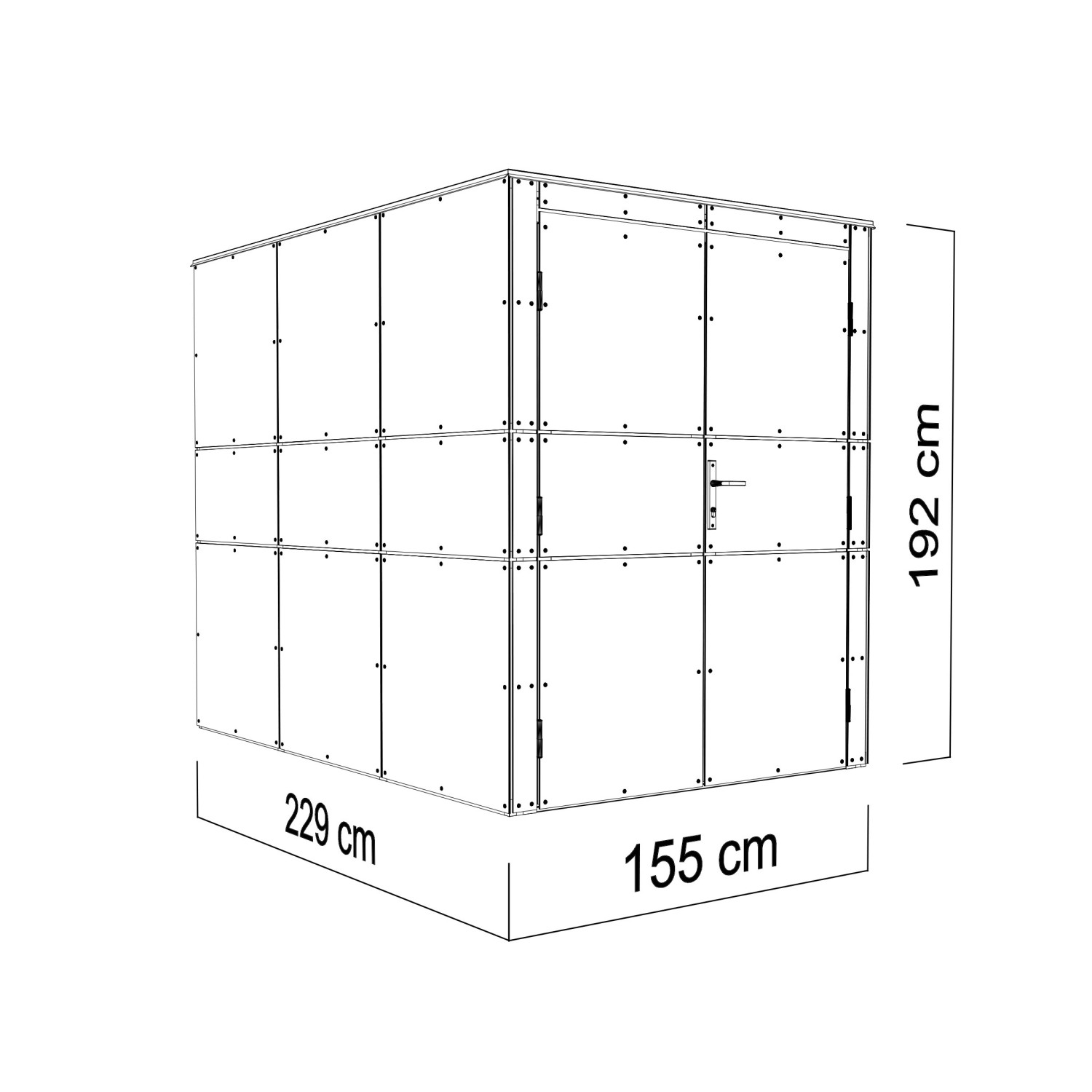 Skizze: Weißes Bertilo Gartenhaus HPL Bike Port, 155x229 cm, mit Maßangaben. Ideal zur Fahrradaufbewahrung.
