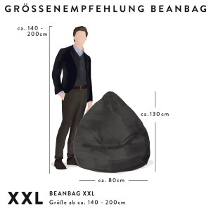 Größenempfehlung: Sitzsack Easy Grün (300 l) neben einer Person zur Größenorientierung.