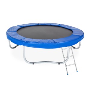 Silberne Stahl-Trampolinleiter mit 3 Sprossen, am blauen Gartentrampolin eingehängt. Für sicheren Einstieg.