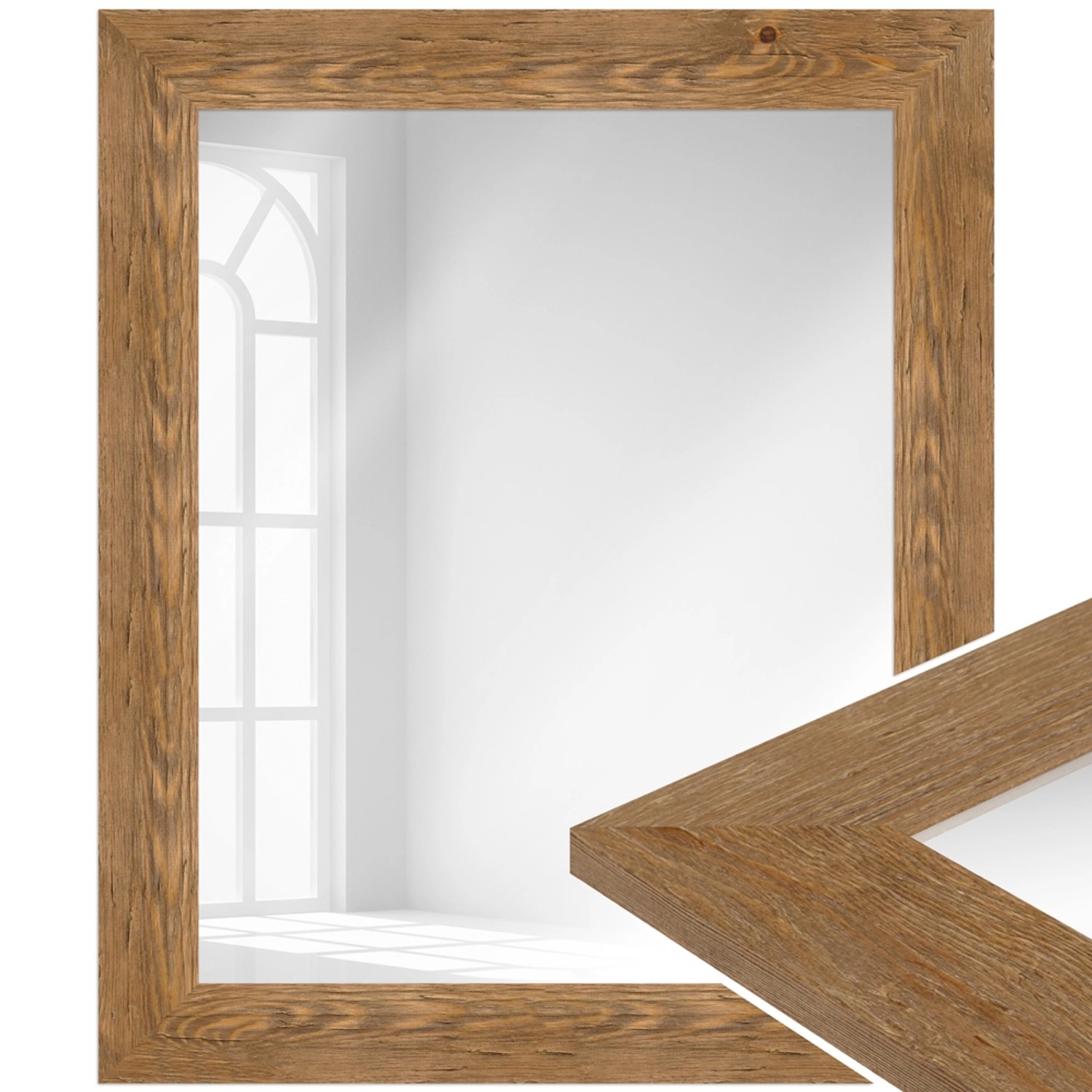 Moderner Wandspiegel 50x70 cm mit Rahmen in Eiche-Optik aus Massivholz für Wohnraum & Bad.