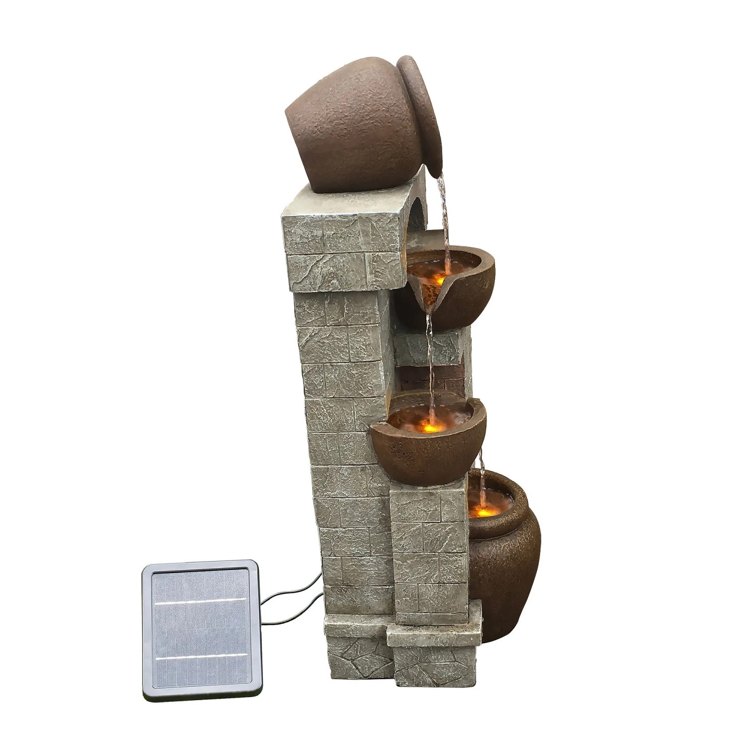 4-stufiger Gartenbrunnen mit Solarpanel und LED-Beleuchtung, 72cm hoch.