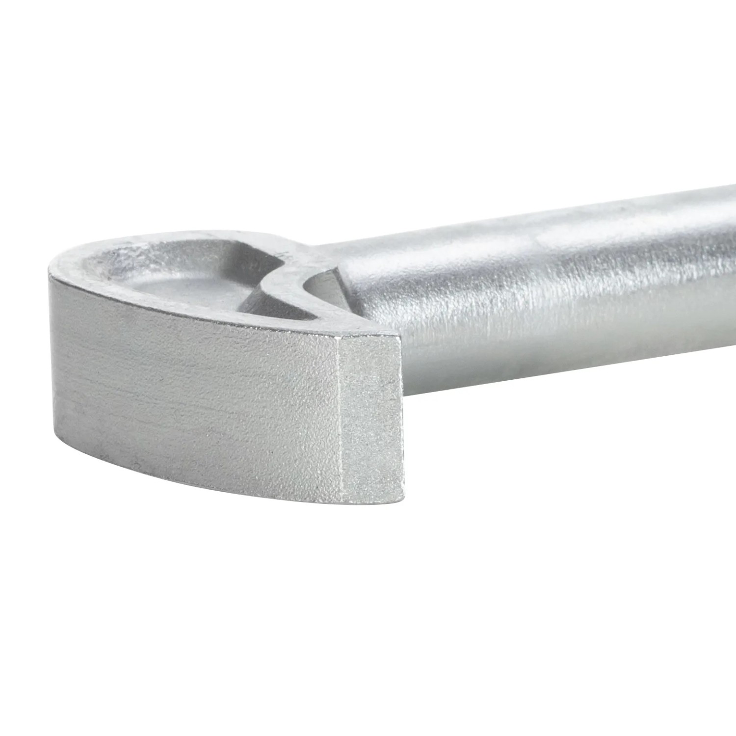Nahaufnahme des Rollkopfes eines Picard Hebeleisens. Robustes, graues Metallwerkzeug, 400 mm, für Nageleisen & Meißel.