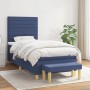 Blaues Boxspringbett (90x200 cm) mit Matratze, Kopfteil und Bank. Stoffbezug.