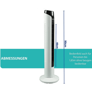JUNG TVE23 Turmventilator, 90cm hoch, weiß-schwarz, mit 46cm Luftauslass. Maße und Bedienhöhe.