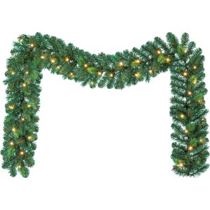 Grüne Tannengirlande (270 cm) mit LED-Beleuchtung und roten Deko-Kugeln.