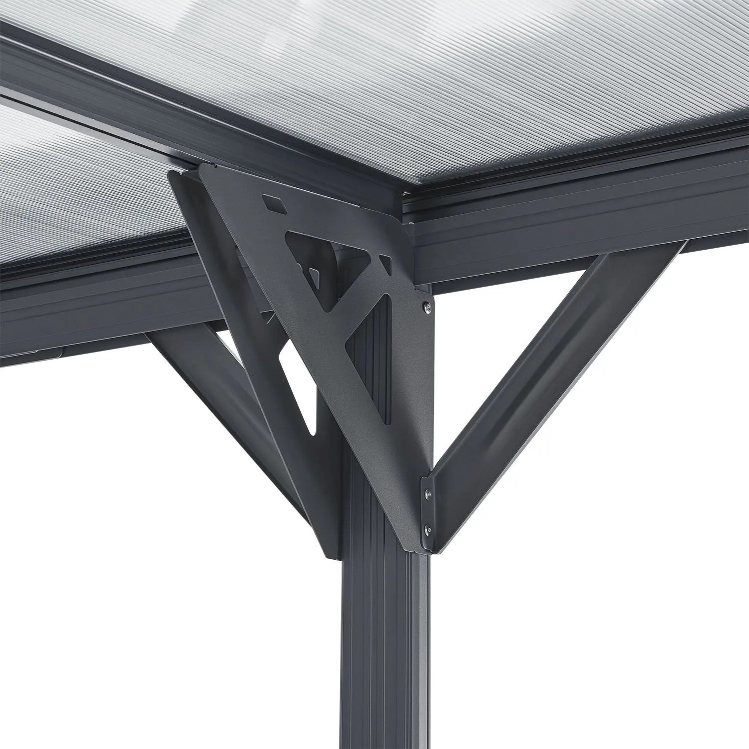 Detailaufnahme Juskys Carport 5x3 m, dunkelgraues Flachdach, Aluminiumrahmen mit Polycarbonatplatten.