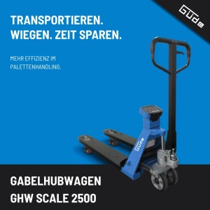 Blauer Güde Gabelhubwagen GHW Scale 2500 mit integrierter Digitalwaage für Lasten bis 2,5 t.