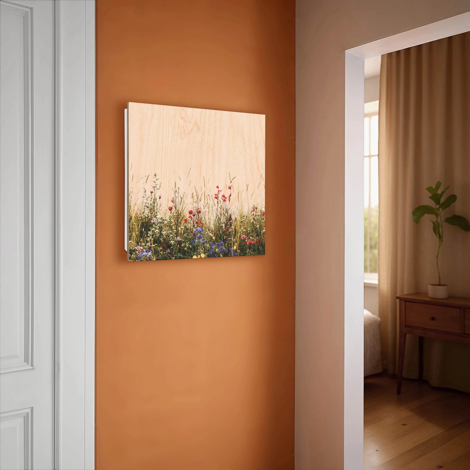 Weißer Banjado Schlüsselkasten mit Blumenwiese-Motiv, 50 Haken, 30x30cm, zur Wandmontage.